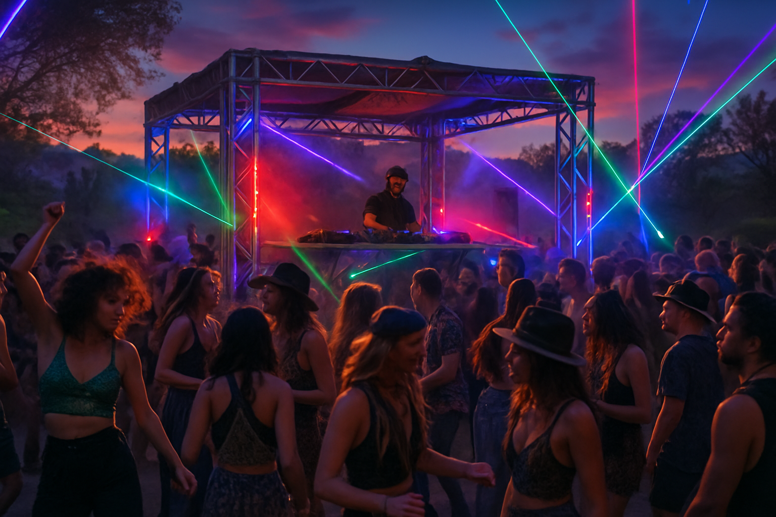 Rave crowd at twilight